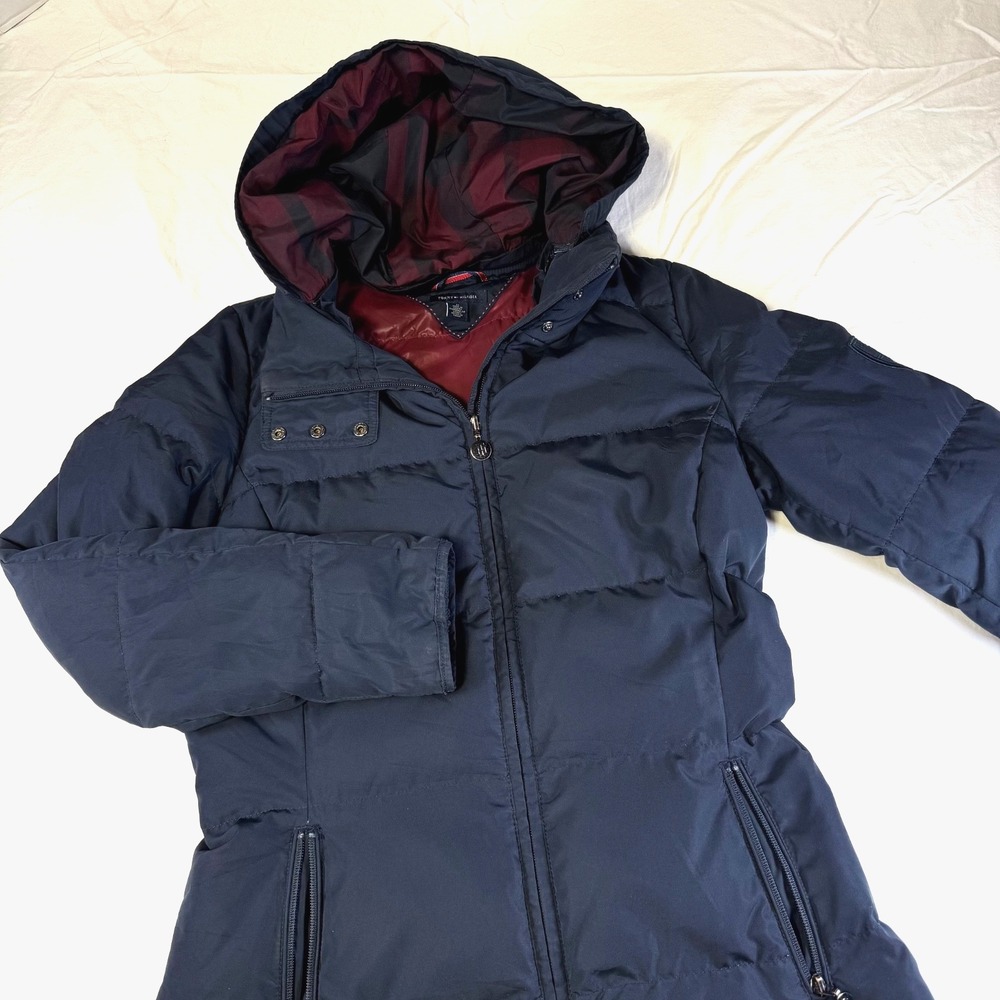 Tommy Hilfiger Long Navy Blue Hooded Puffer Coat Jacket Women's Size Medium